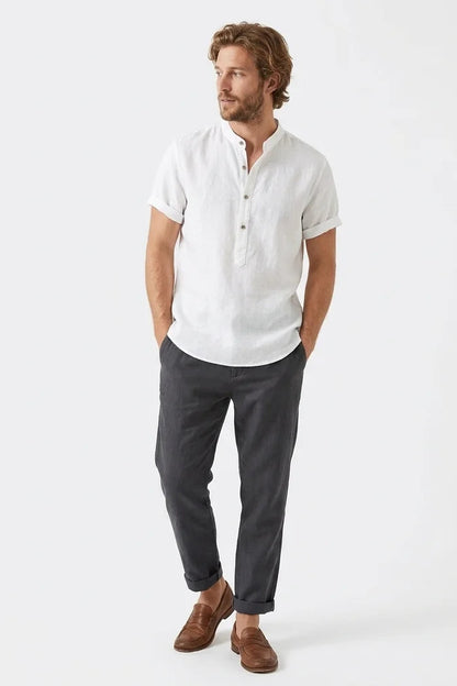 Men’s Cotton-Linen Shirt – Casual Henley Short Sleeve