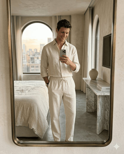 Men’s Casual Set – Henley Long Sleeve & Elastic Waist Trousers