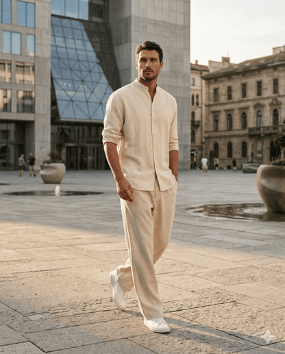 Men’s Casual Set – Henley Long Sleeve & Elastic Waist Trousers