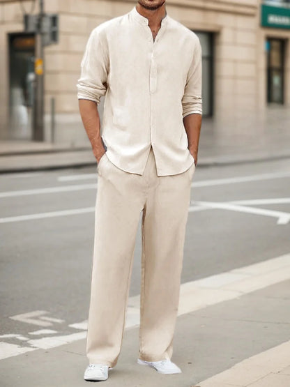 Men’s Casual Set – Henley Long Sleeve & Elastic Waist Trousers