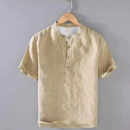 Men’s Cotton-Linen Shirt – Casual Henley Short Sleeve