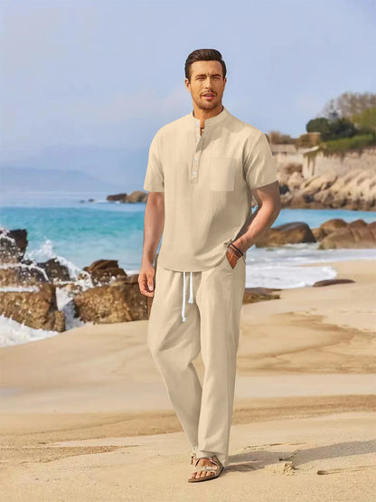 Men’s Cotton-Linen Set – Casual Henley & Straight-Leg Trousers