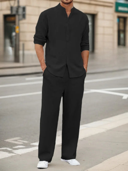 Men’s Casual Set – Henley Long Sleeve & Elastic Waist Trousers