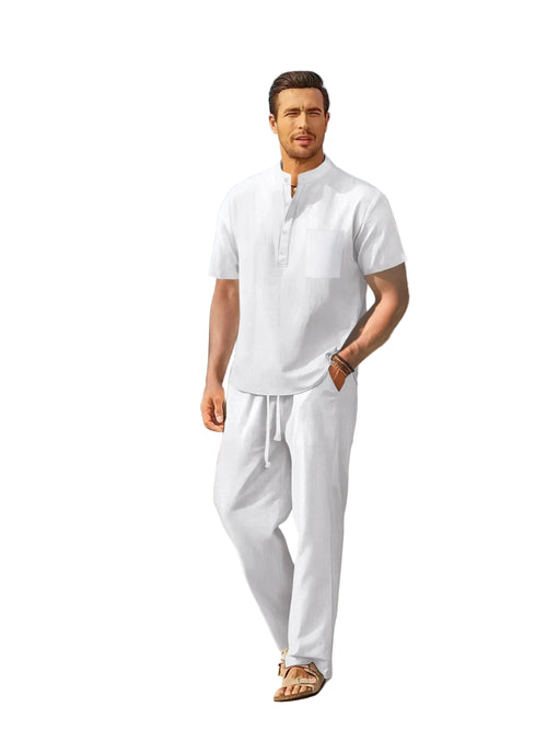 Men’s Cotton-Linen Set – Casual Henley & Straight-Leg Trousers