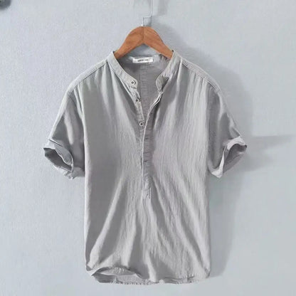 Men’s Cotton-Linen Shirt – Casual Henley Short Sleeve