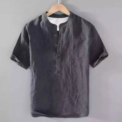 Men’s Cotton-Linen Shirt – Casual Henley Short Sleeve