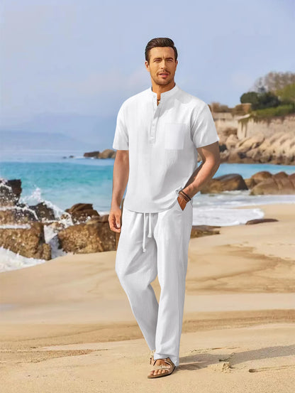 Men’s Cotton-Linen Set – Casual Henley & Straight-Leg Trousers