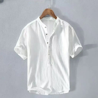 Men’s Cotton-Linen Shirt – Casual Henley Short Sleeve