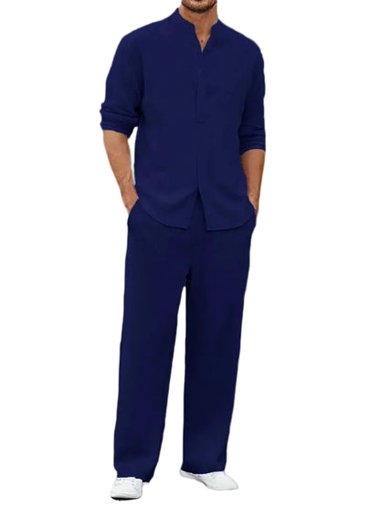 Men’s Casual Set – Henley Long Sleeve & Elastic Waist Trousers