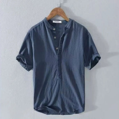 Men’s Cotton-Linen Shirt – Casual Henley Short Sleeve