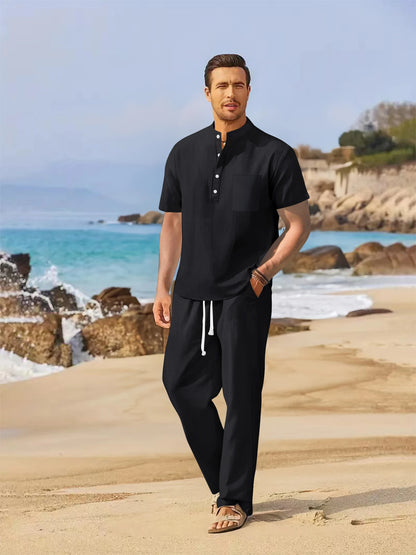 Men’s Cotton-Linen Set – Casual Henley & Straight-Leg Trousers