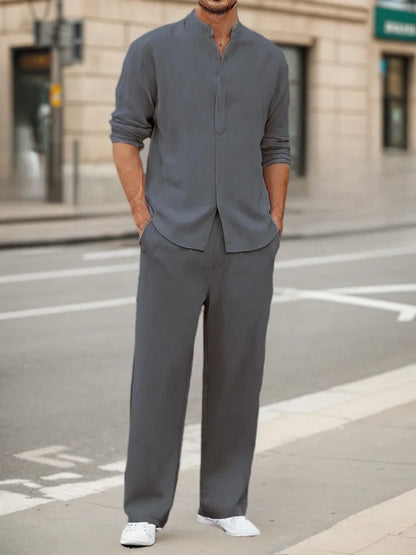 Men’s Casual Set – Henley Long Sleeve & Elastic Waist Trousers
