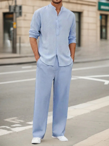 Men’s Casual Set – Henley Long Sleeve & Elastic Waist Trousers